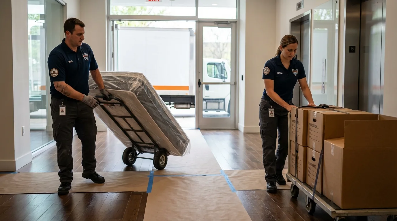 Professional apartment movers loading elevator in Erlanger, KY